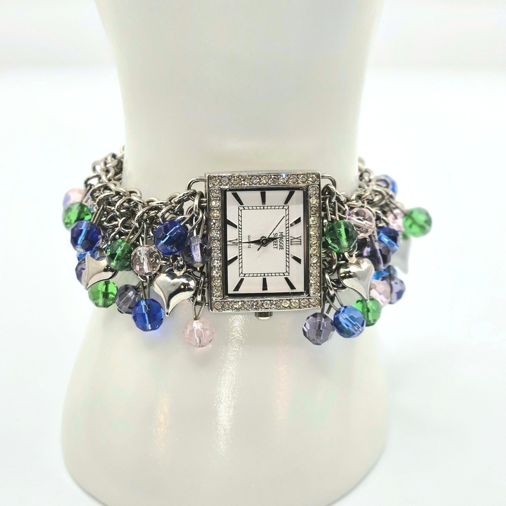 Maggie Sweet Beaded Bracelet Watch Womens 6.5" Silver Tone Multi Color & Heart